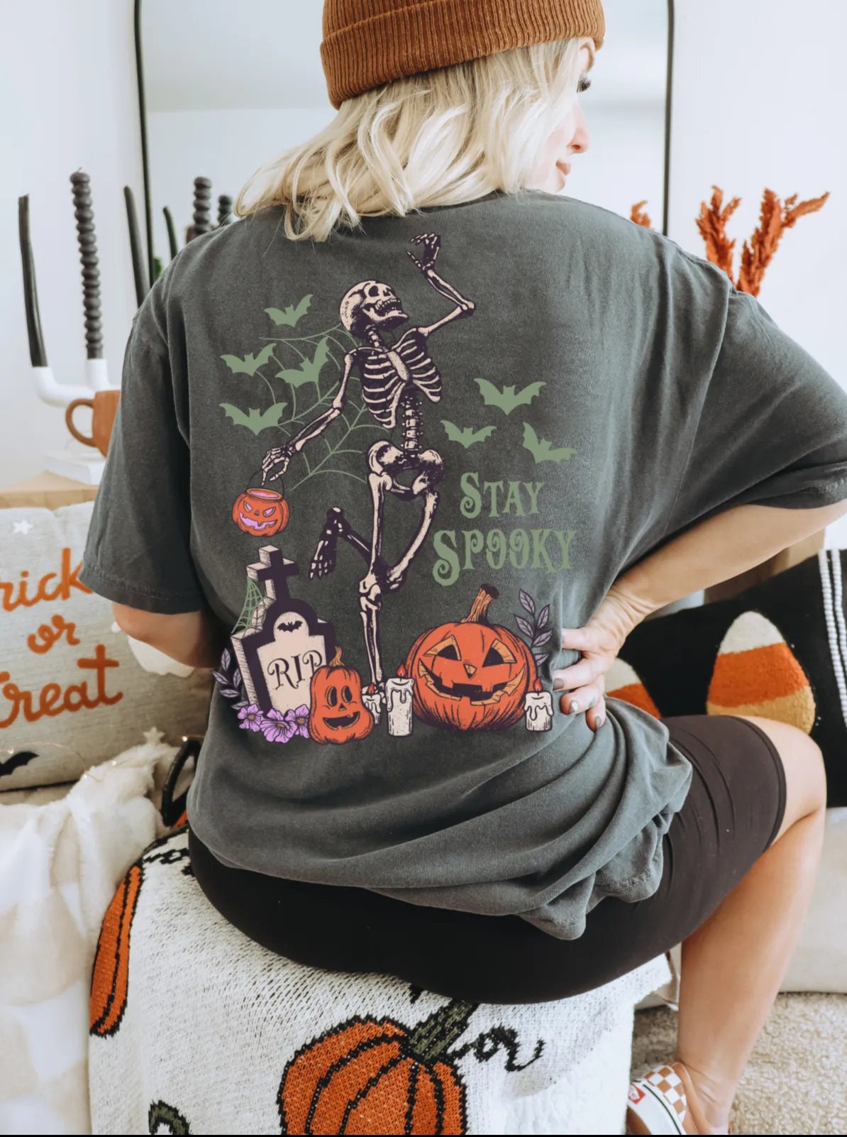 Dancing Skeleton Halloween T-Shirt - Fall Pumpkin Vibes Cute Spooky Bats Design Gift for Mom or Friend image 5