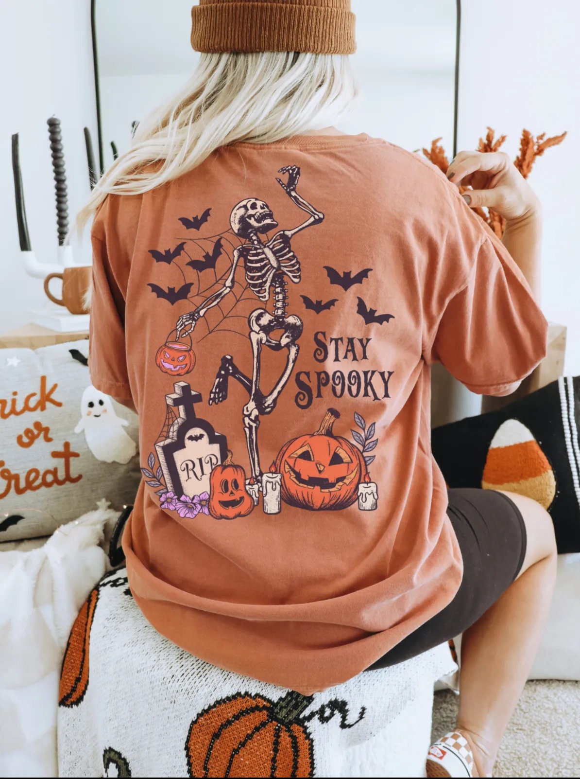 Dancing Skeleton Halloween T-Shirt - Fall Pumpkin Vibes Cute Spooky Bats Design Gift for Mom or Friend image 2