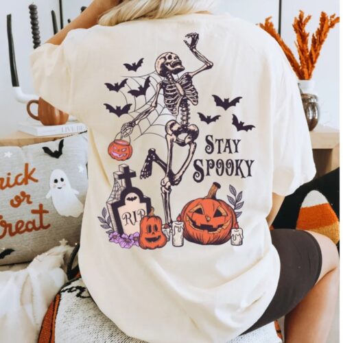 Dancing Skeleton Halloween T-Shirt - Fall Pumpkin Vibes Cute Spooky Bats Design Gift for Mom or Friend image 0