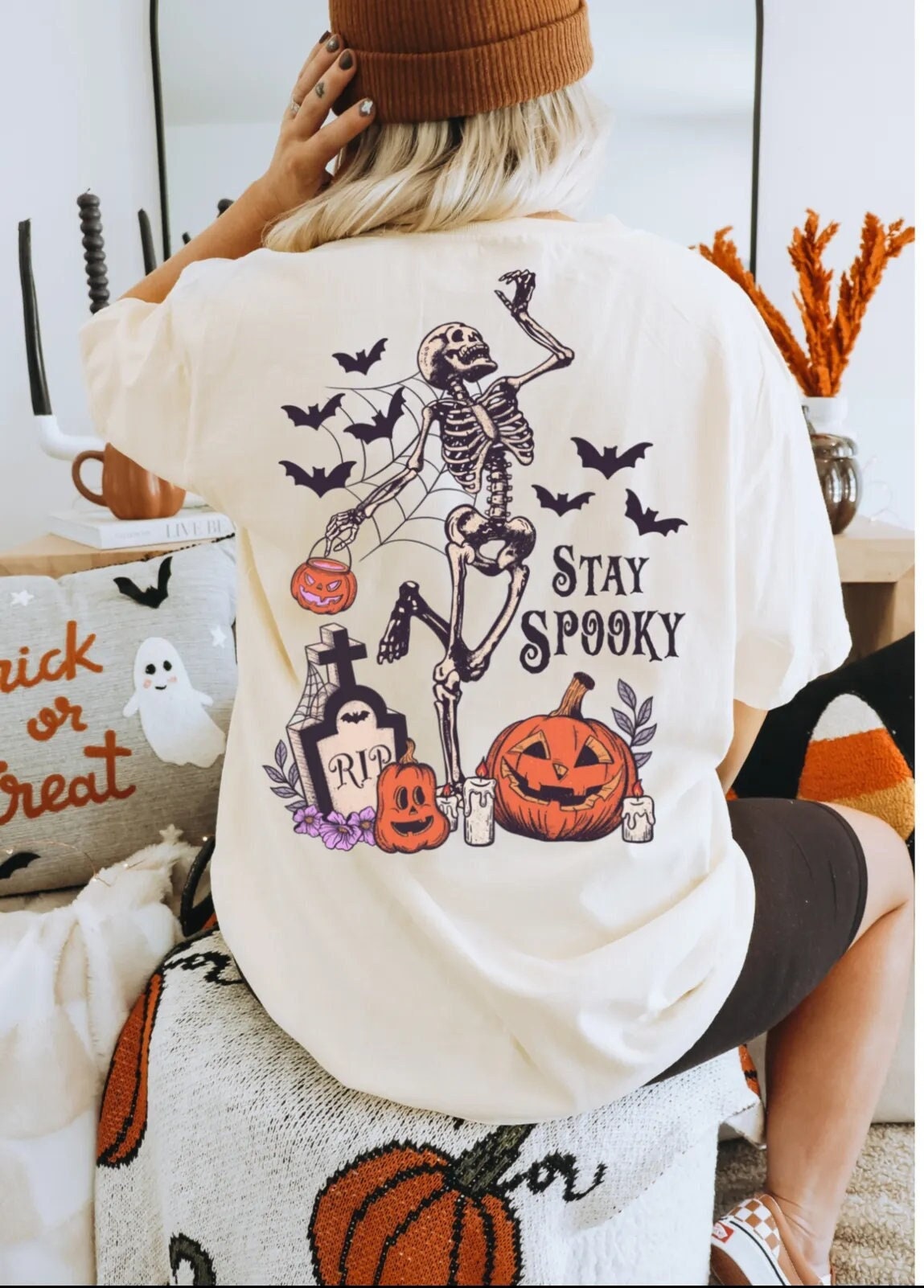 Dancing Skeleton Halloween T-Shirt - Fall Pumpkin Vibes Cute Spooky Bats Design Gift for Mom or Friend image 0