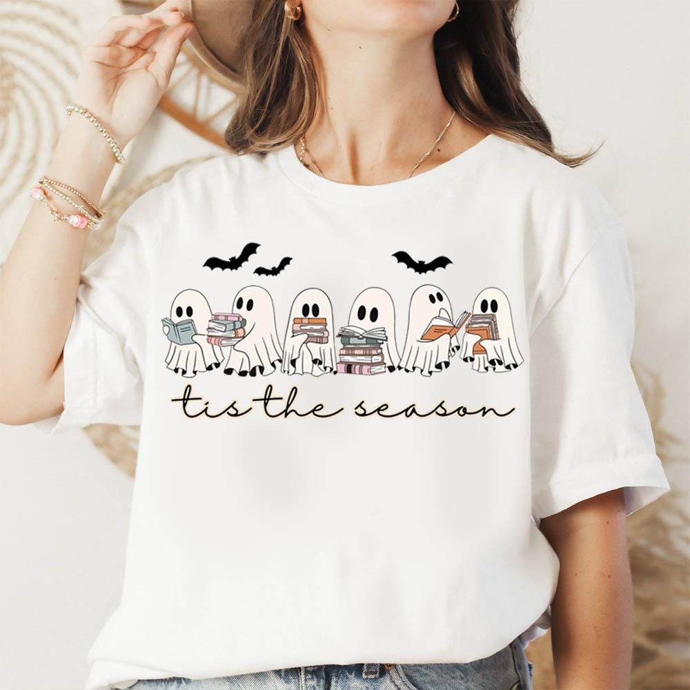 Book Lover Halloween Shirt Cute Ghost Book Nerd Retro Spooky Season Tee image 2