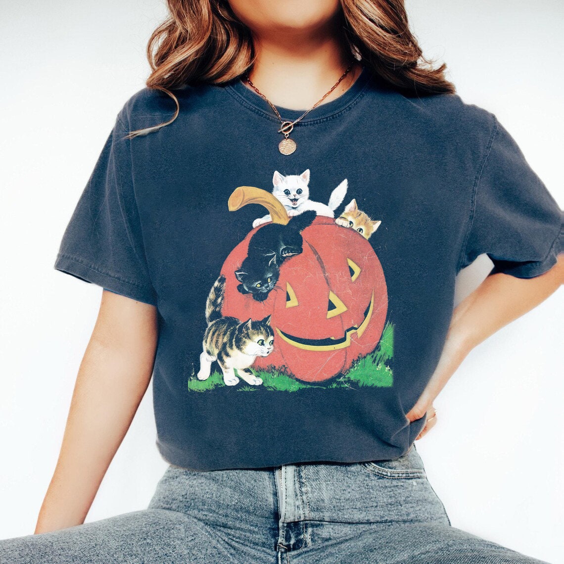 Vintage 90s Cat Halloween Shirt | Retro Pumpkin Tee | Black Cat Lover Spooky Season Shirt image 1