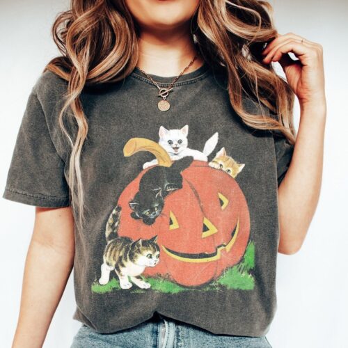 Vintage 90s Cat Halloween Shirt | Retro Pumpkin Tee | Black Cat Lover Spooky Season Shirt image 0