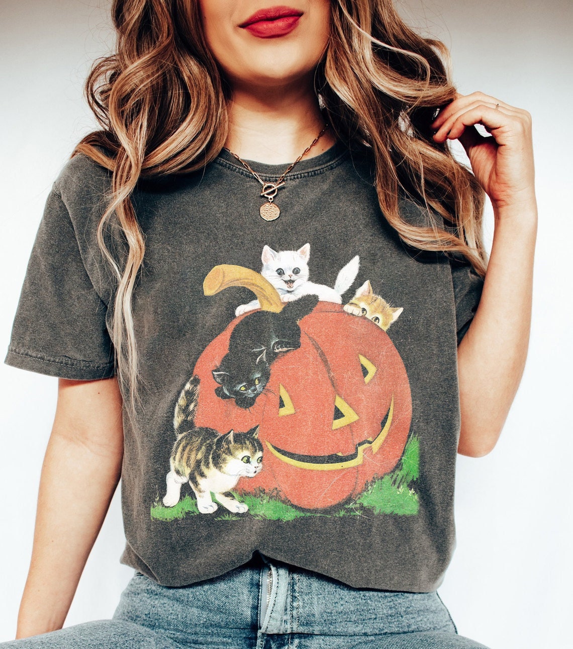 Vintage 90s Cat Halloween Shirt | Retro Pumpkin Tee | Black Cat Lover Spooky Season Shirt image 0