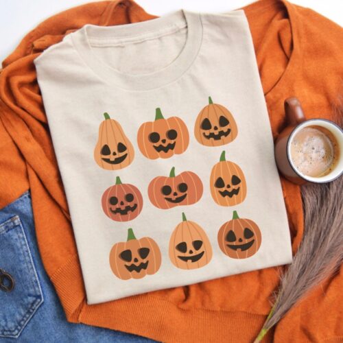 Vintage Pumpkin Halloween Shirt for Women - Retro Fall Tee Spooky Season Gift Cute Pumpkin Face image 0