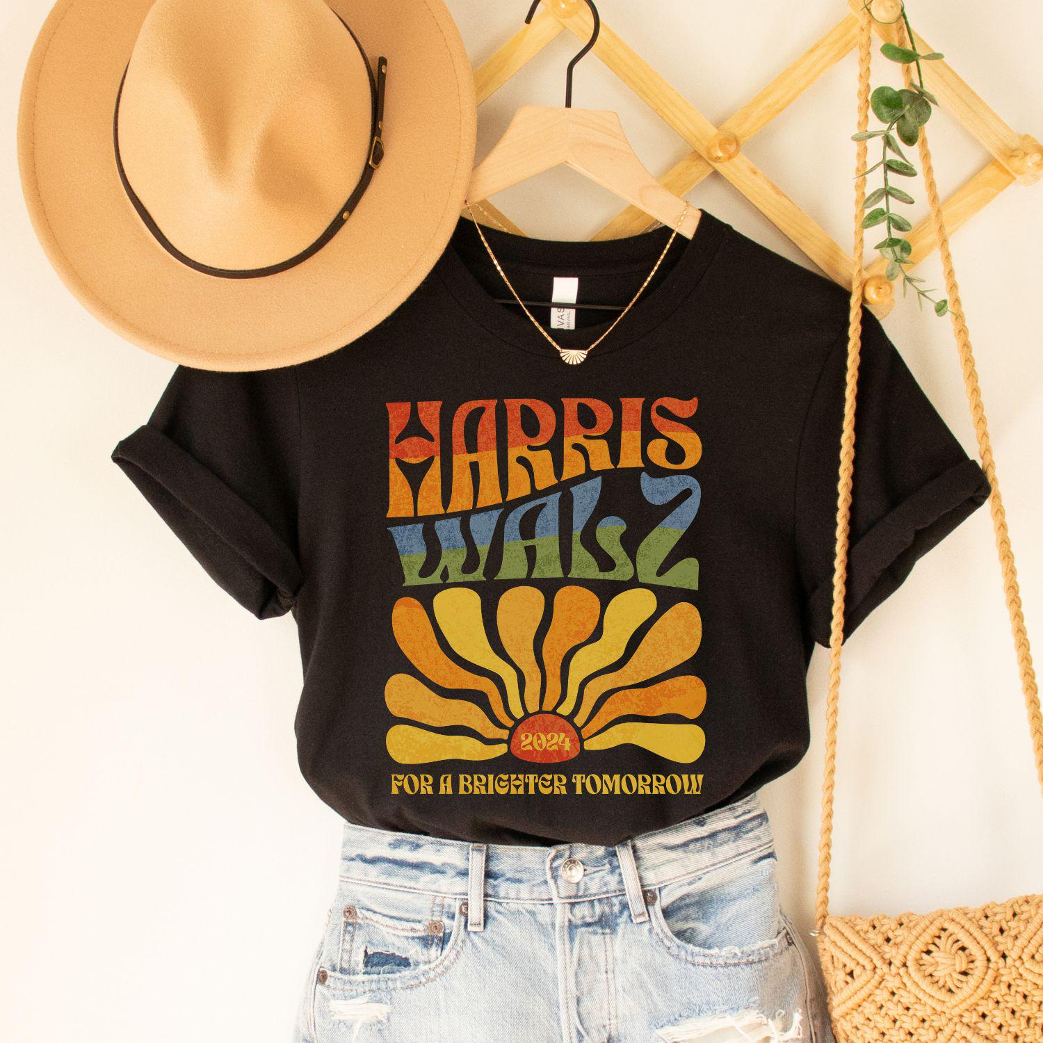 Harris Walz 2024 Shirt Kamala Harris Tim Walz Boho Retro Election LGBTQIA Rainbow Democrat Vote image 1