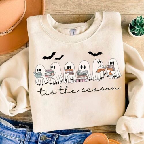 Book Lover Halloween Shirt Cute Ghost Book Nerd Retro Spooky Season Tee image 0