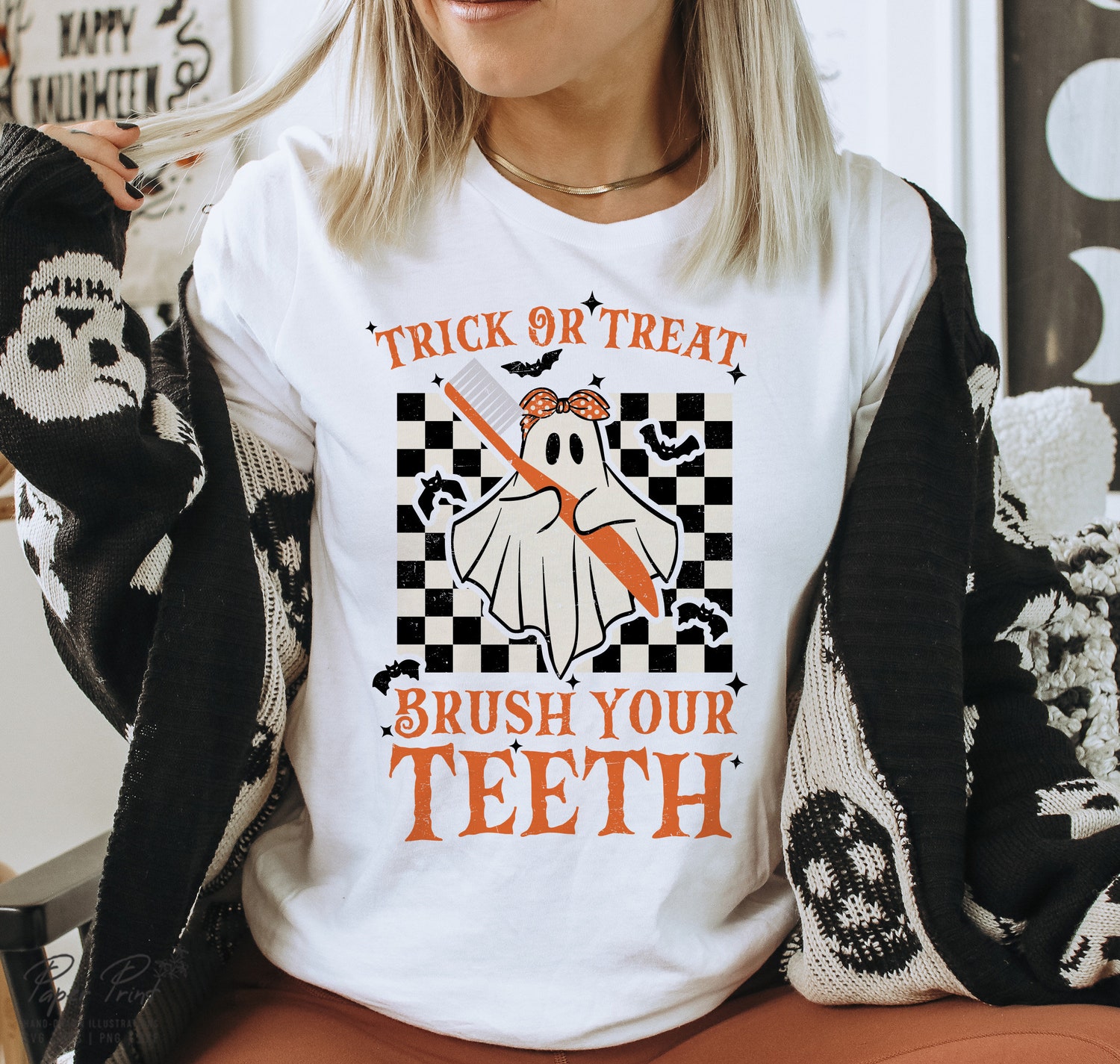 Halloween Dental Hygienist Retro Shirt Trick Or Treat Brush Your Teeth Spooky Dentist Tee image 3