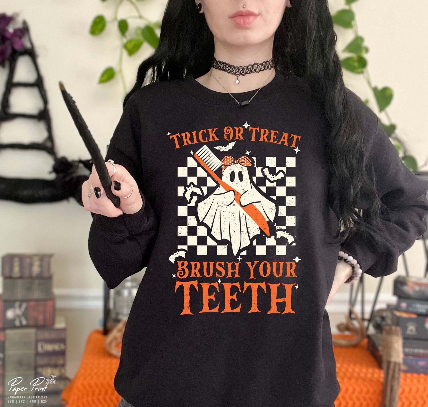 Halloween Dental Hygienist Retro Shirt Trick Or Treat Brush Your Teeth Spooky Dentist Tee image 1