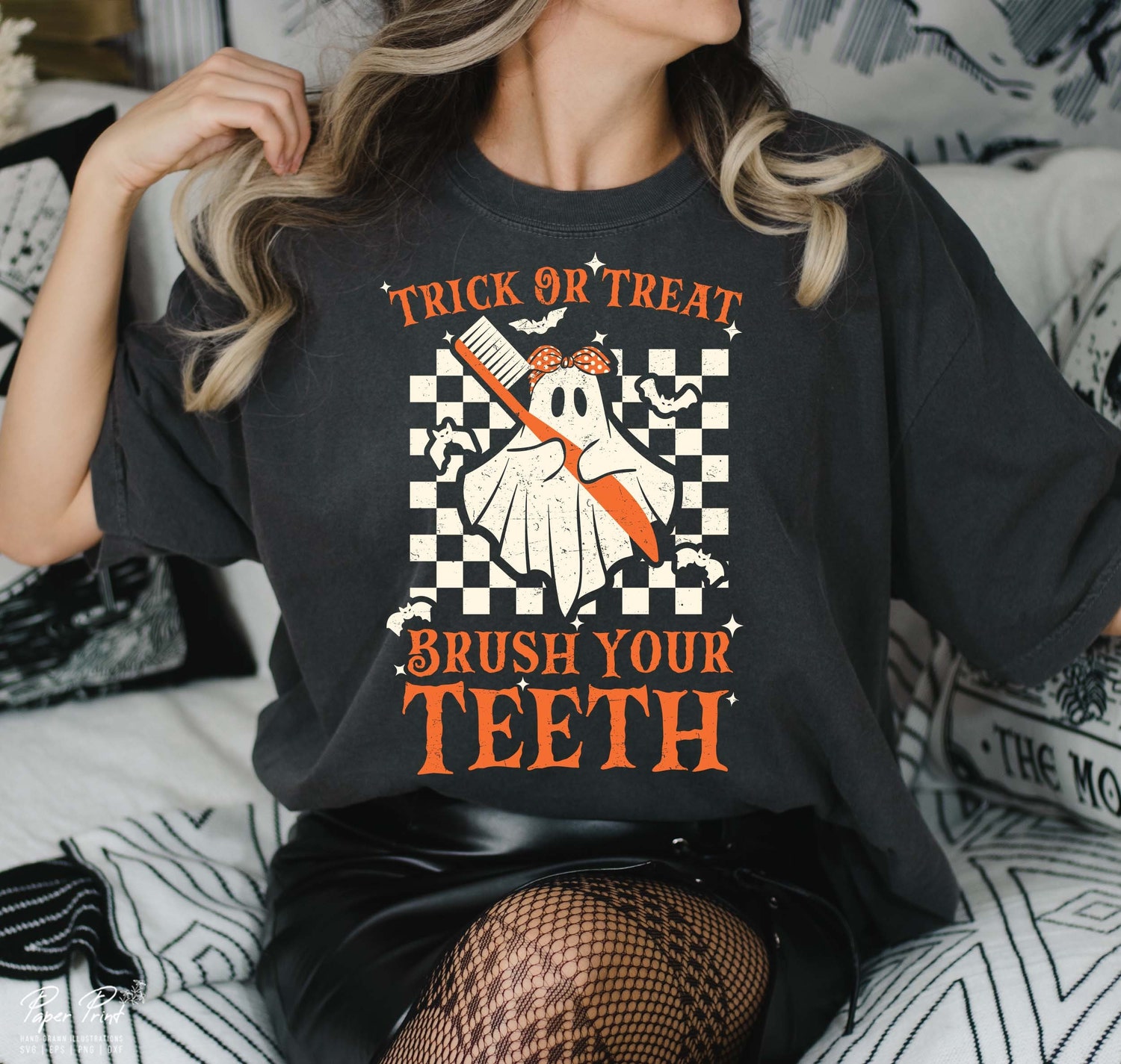 Halloween Dental Hygienist Retro Shirt Trick Or Treat Brush Your Teeth Spooky Dentist Tee image 0