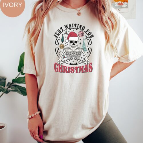 Waiting for Christmas Santa Skeleton Comfort Colors T-Shirt Cute Oversized Xmas Shirt Funny Holiday Tee Gift image 0