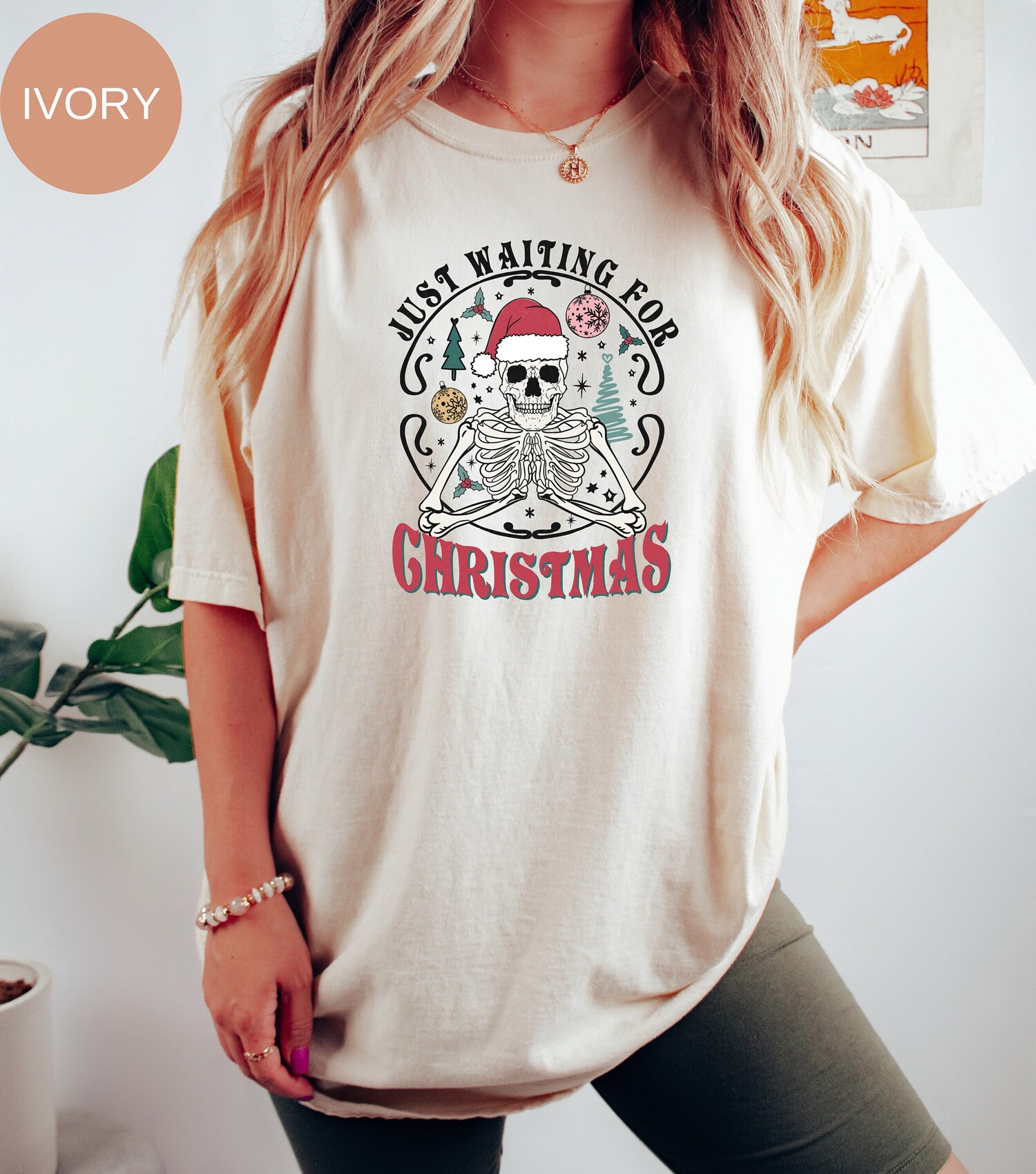 Waiting for Christmas Santa Skeleton Comfort Colors T-Shirt Cute Oversized Xmas Shirt Funny Holiday Tee Gift image 0