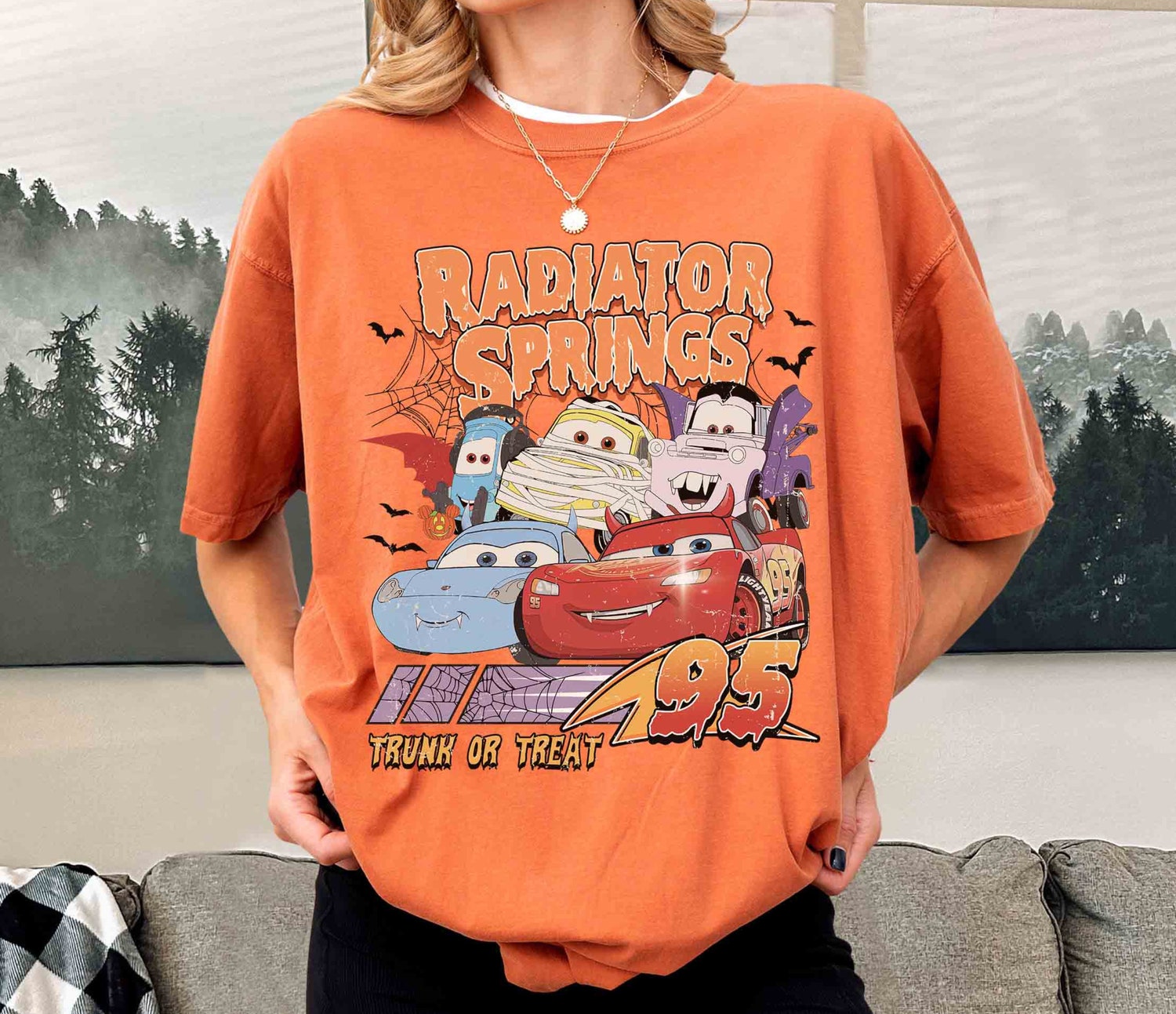 Retro Radiator Springs Cars Halloween Shirt | Lightning McQueen Halloween Trip Gift image 2