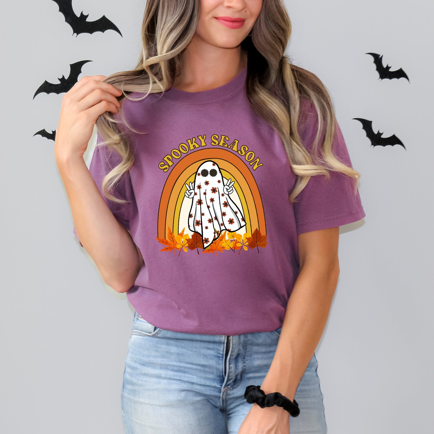 Retro Halloween Shirt | Cute Ghost & Fall Rainbow Design | Spooky Season Women's Tee image 6