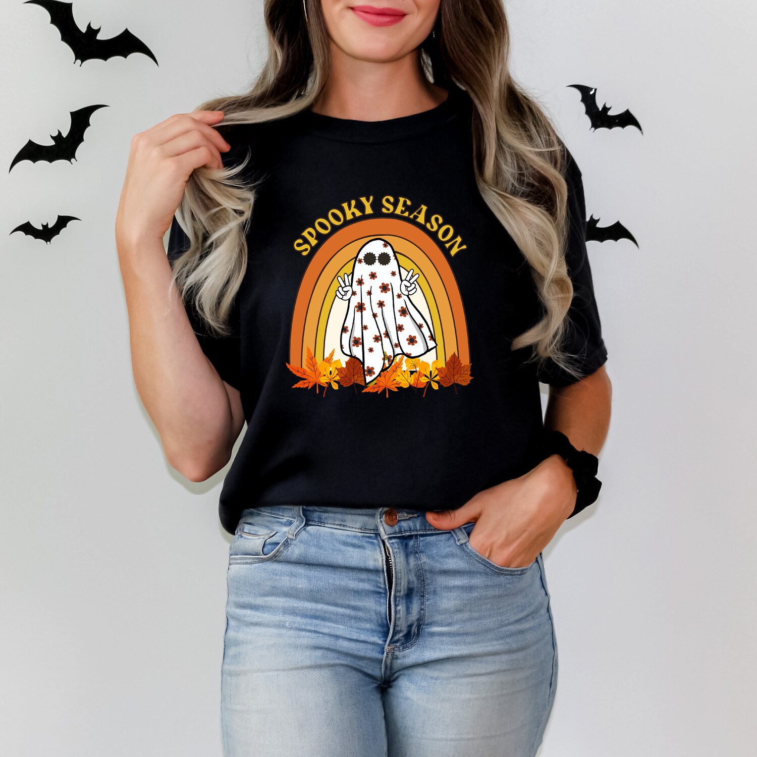 Retro Halloween Shirt | Cute Ghost & Fall Rainbow Design | Spooky Season Women's Tee image 1