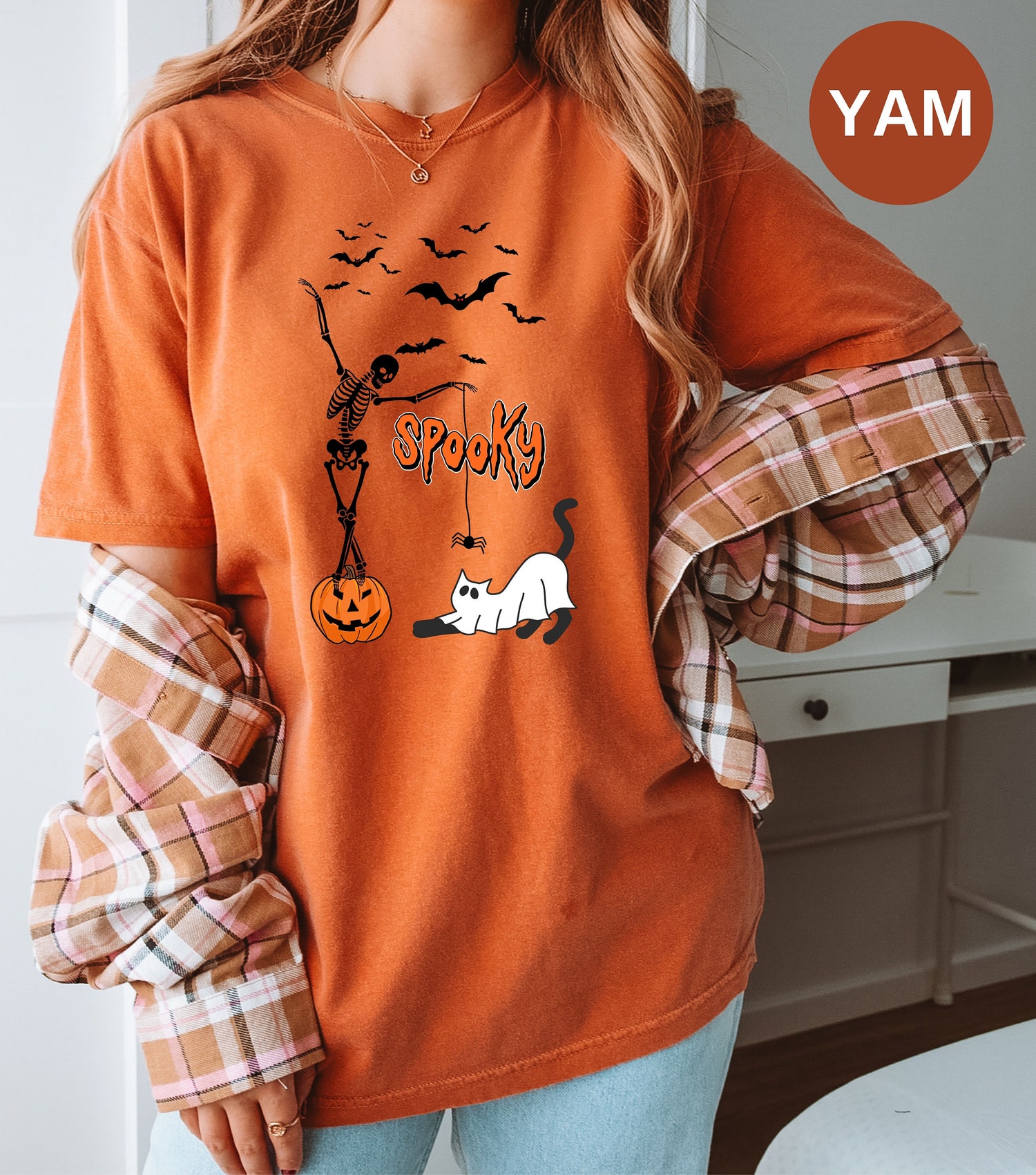 Spooky Dancing Skeleton Halloween Shirt Cute Ghost Cat Fall Tee Women’s Pumpkin Bats Top image 2