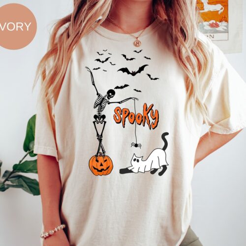 Spooky Dancing Skeleton Halloween Shirt Cute Ghost Cat Fall Tee Women’s Pumpkin Bats Top image 0