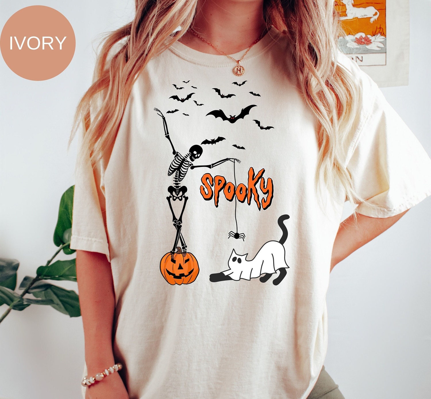 Spooky Dancing Skeleton Halloween Shirt Cute Ghost Cat Fall Tee Women’s Pumpkin Bats Top image 0