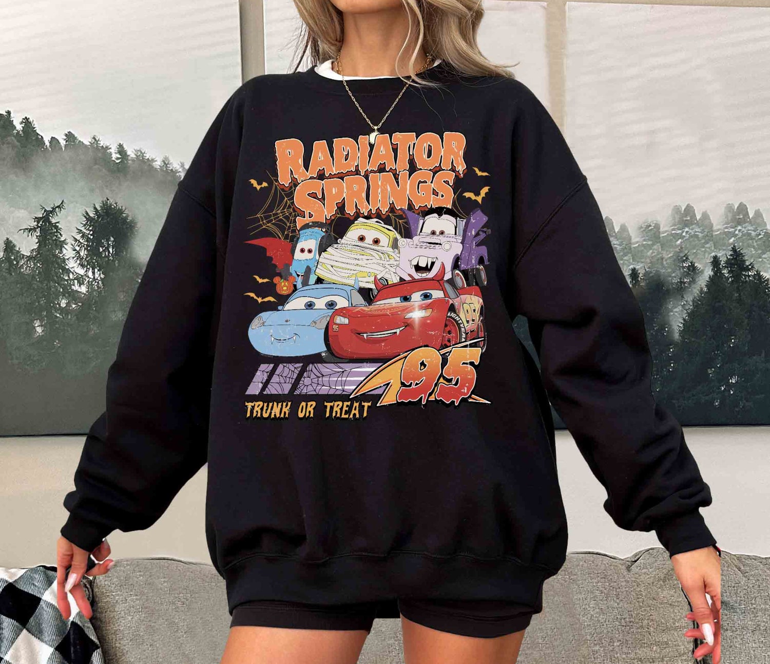 Retro Radiator Springs Cars Halloween Shirt | Lightning McQueen Halloween Trip Gift image 1