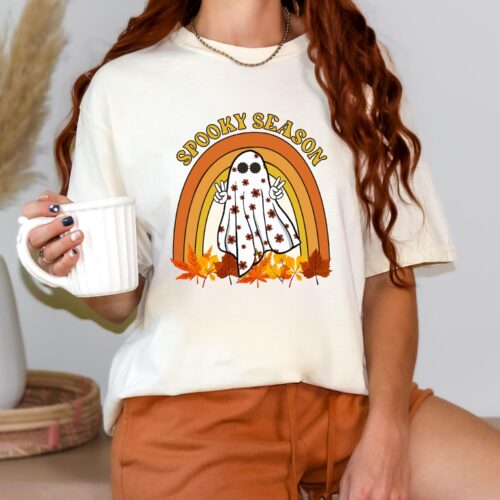 Retro Halloween Shirt | Cute Ghost & Fall Rainbow Design | Spooky Season Women's Tee image 0