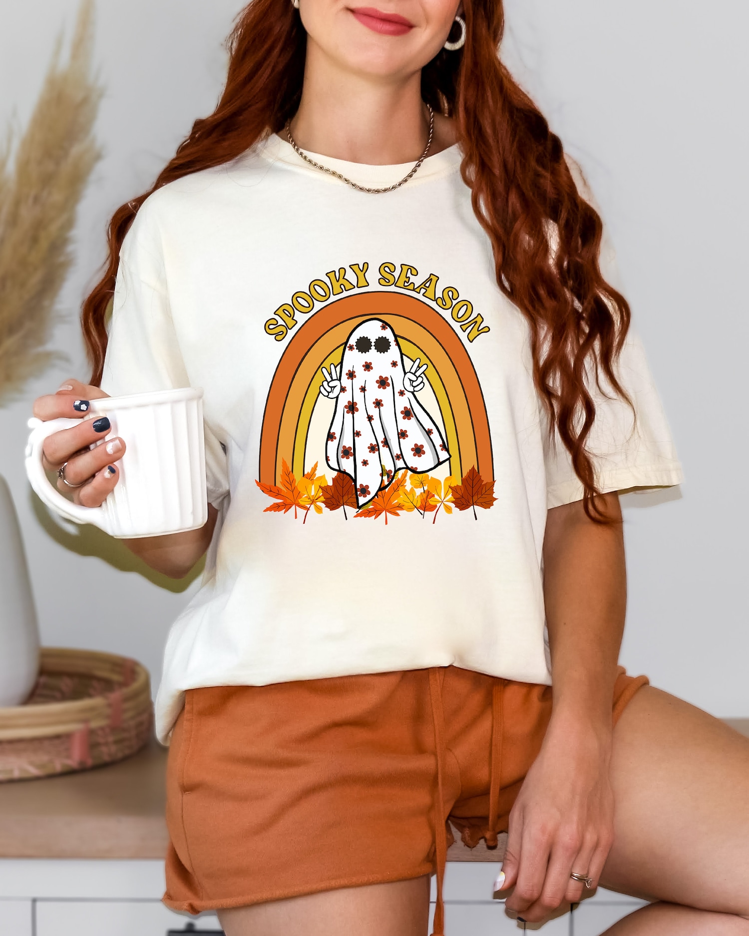Retro Halloween Shirt | Cute Ghost & Fall Rainbow Design | Spooky Season Women's Tee image 0