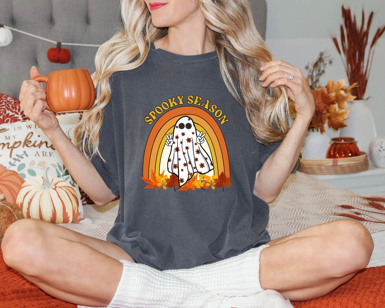 Retro Halloween Shirt | Cute Ghost & Fall Rainbow Design | Spooky Season Women's Tee image 5