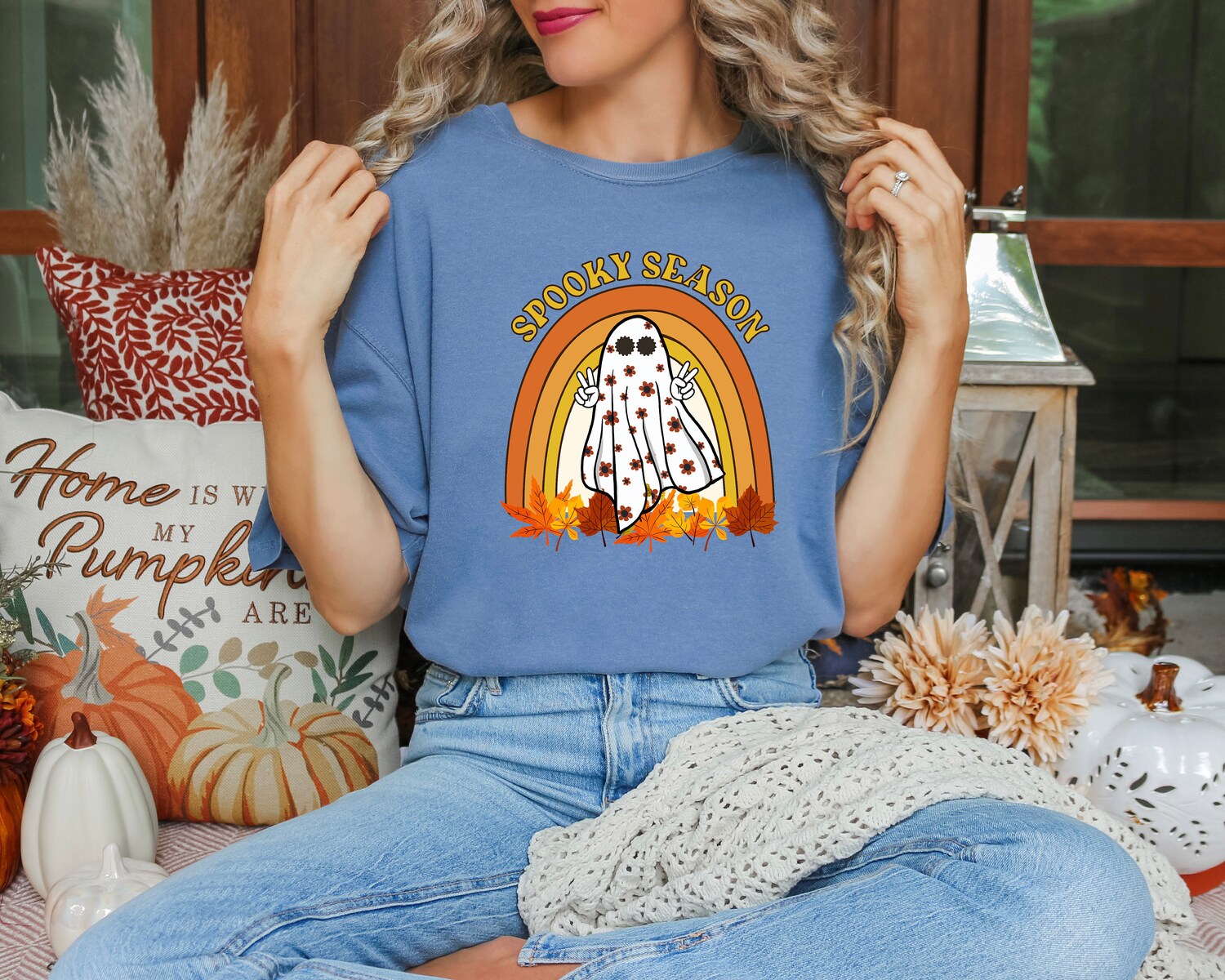 Retro Halloween Shirt | Cute Ghost & Fall Rainbow Design | Spooky Season Women's Tee image 2