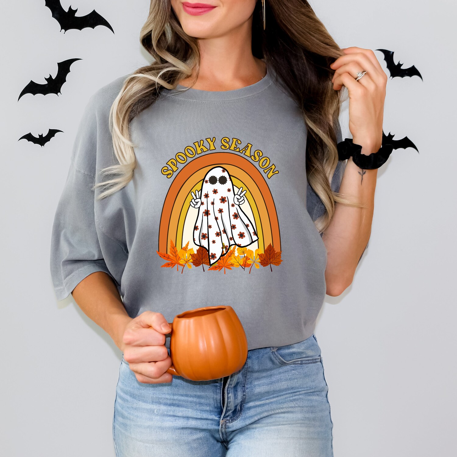 Retro Halloween Shirt | Cute Ghost & Fall Rainbow Design | Spooky Season Women's Tee image 7