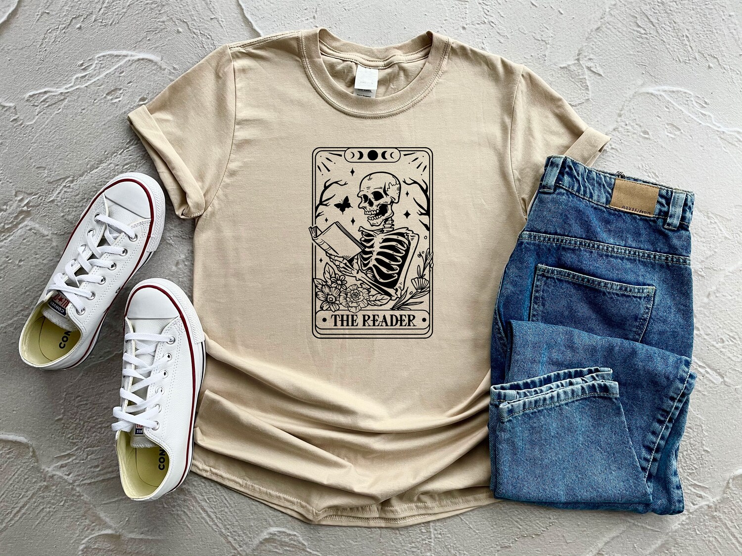 The Reader Tarot Card Halloween Skeleton Librarian Shirt Witchy Bookish Mystical Literature Apparel image 1