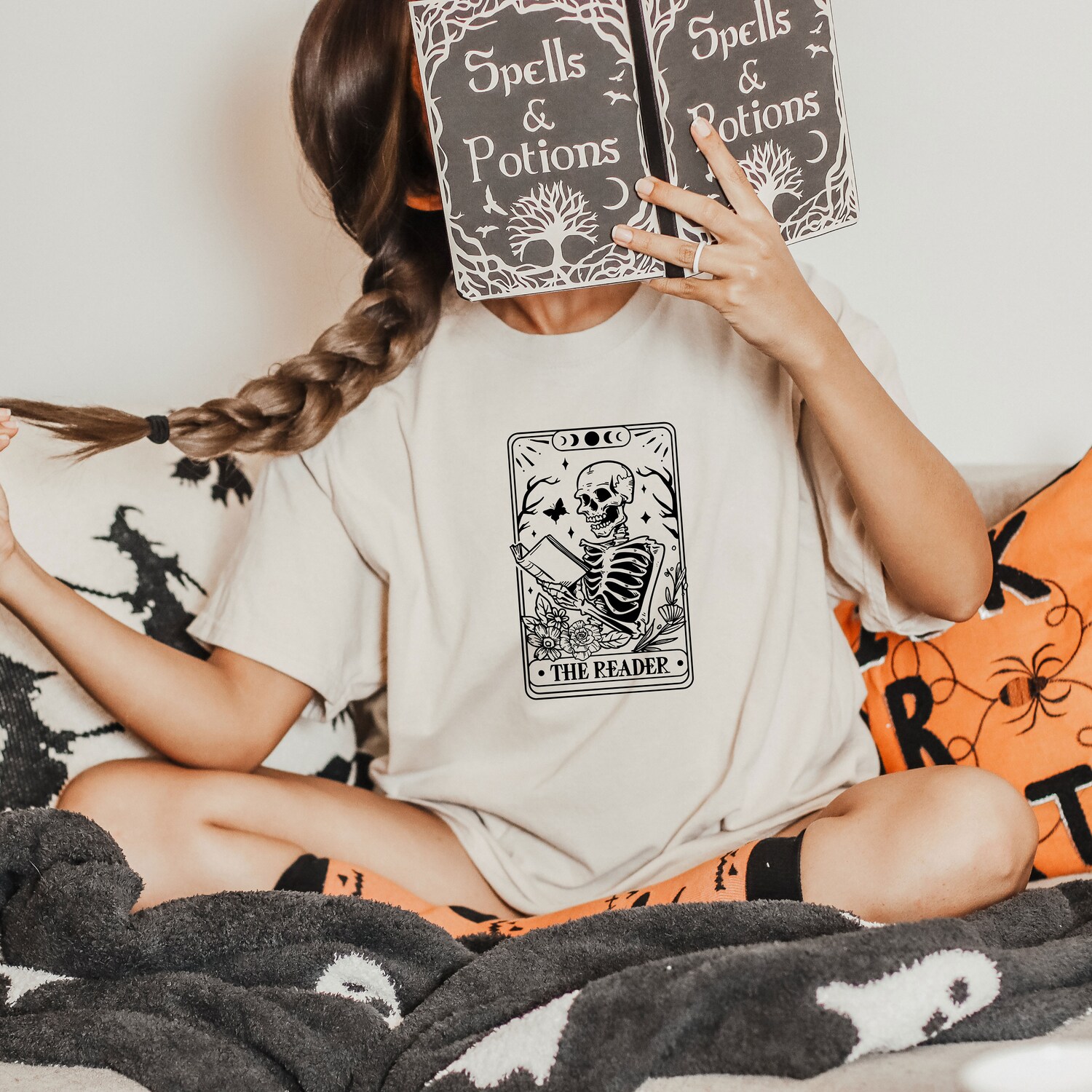 The Reader Tarot Card Halloween Skeleton Librarian Shirt Witchy Bookish Mystical Literature Apparel image 2