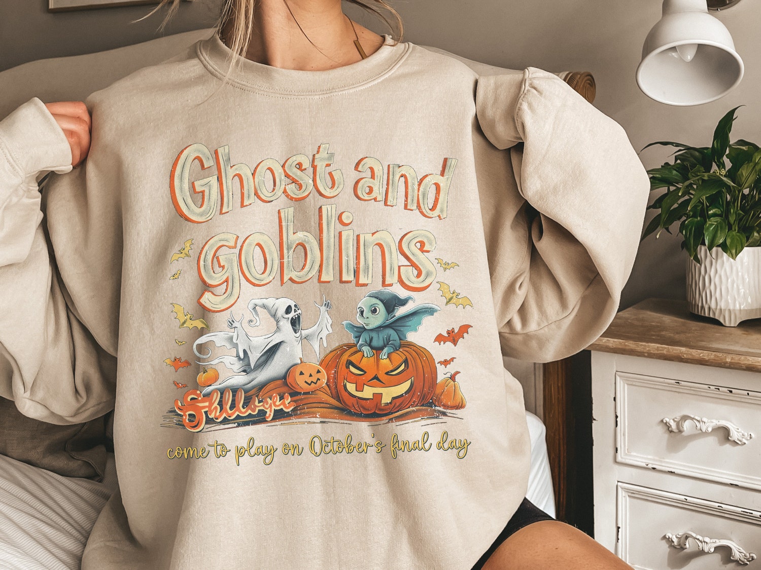 Vintage Retro Halloween Sweatshirt | Ghosts & Goblins Crewneck | Fall Pumpkin Shirt image 2