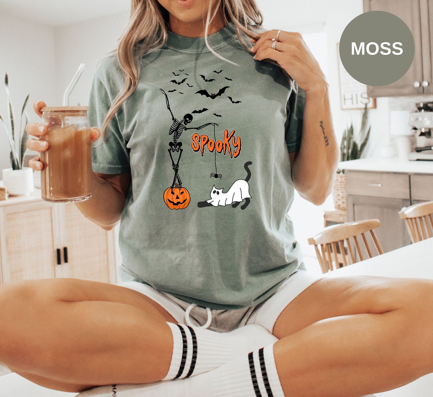 Spooky Dancing Skeleton Halloween Shirt Cute Ghost Cat Fall Tee Women’s Pumpkin Bats Top image 1