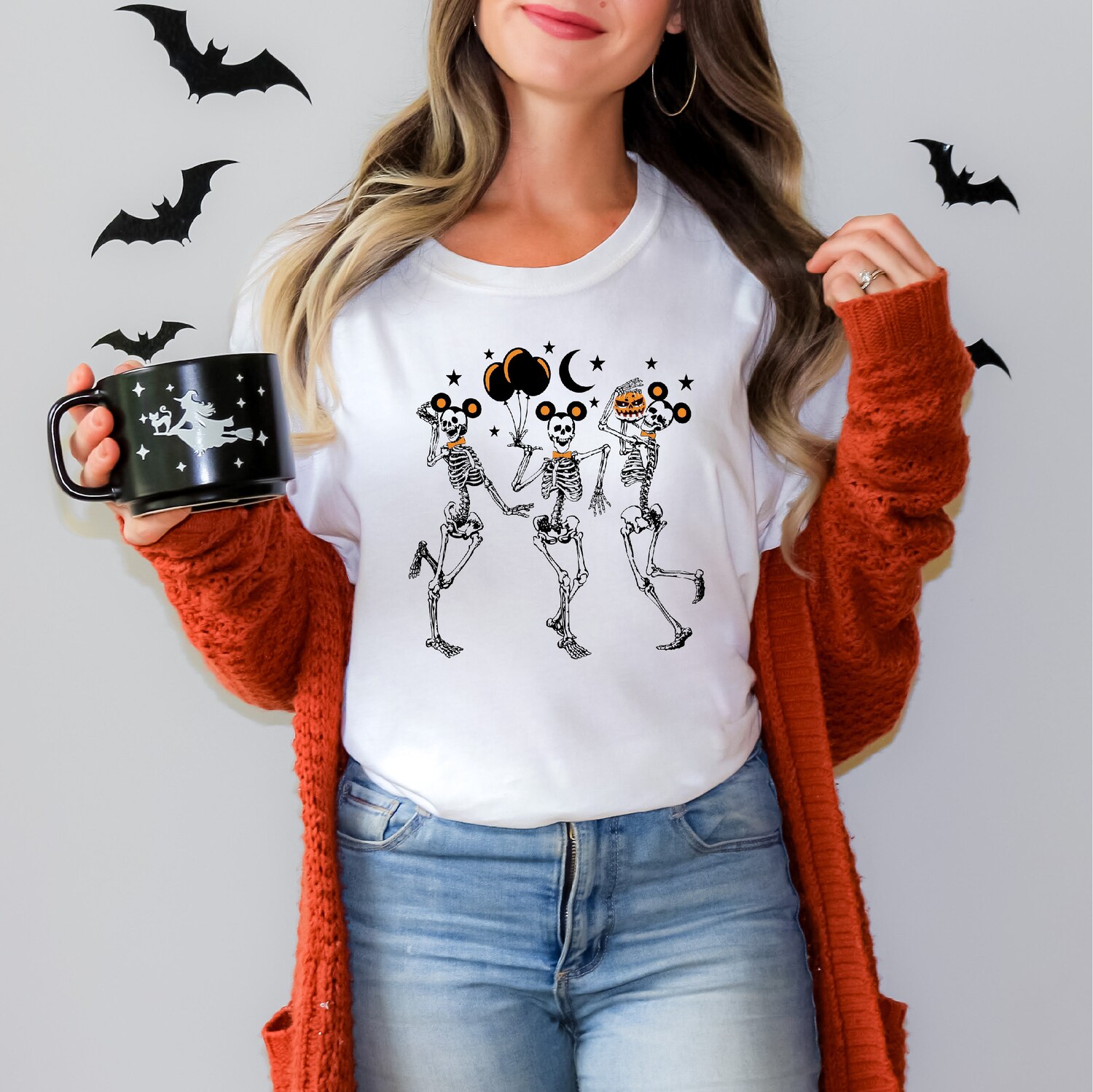 Dancing Skeleton Mickey Head Halloween Shirt Funny Skeleton Shirt Halloween Costume Gift image 4