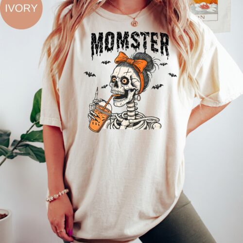 Momster Skeleton Halloween Mom T-Shirt Funny Mama Spooky Season Tee Fall Coffee Lover Gift image 0