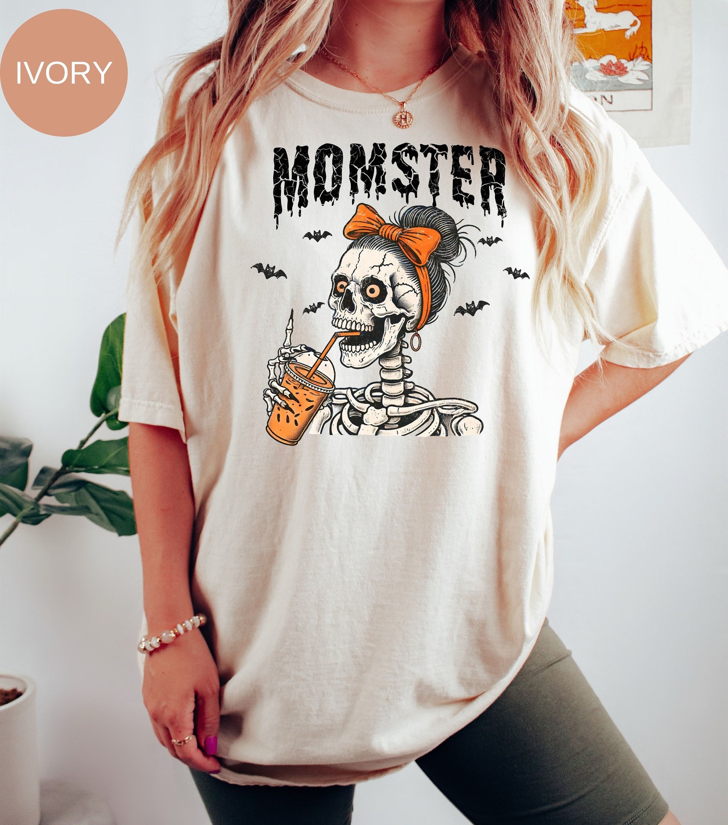 Momster Skeleton Halloween Mom T-Shirt Funny Mama Spooky Season Tee Fall Coffee Lover Gift image 0