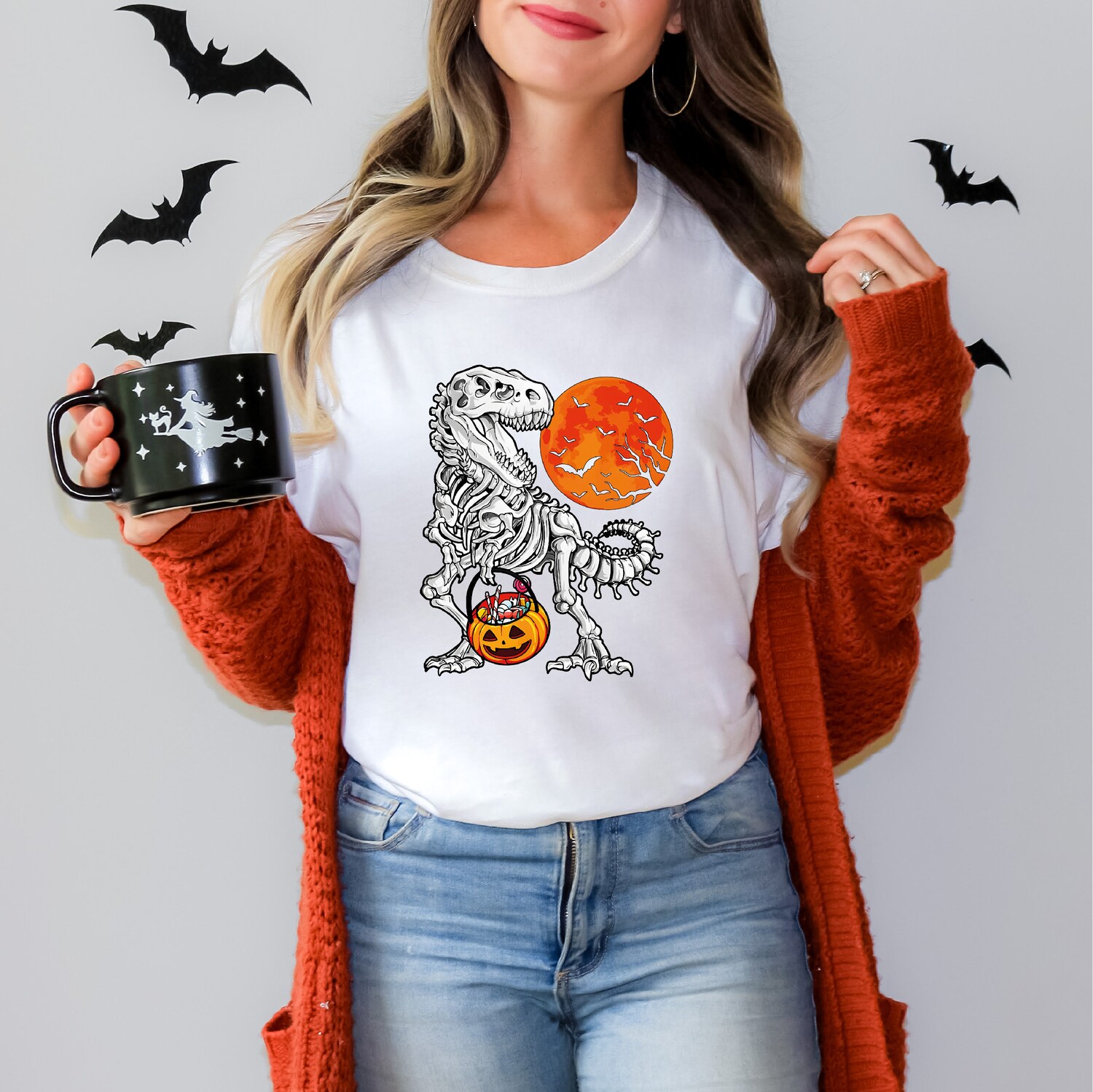 Halloween Trick Or Treat Dinosaur Shirt | Funny T-Rex Pumpkin Tee | Spooky Season Costume Gift image 3