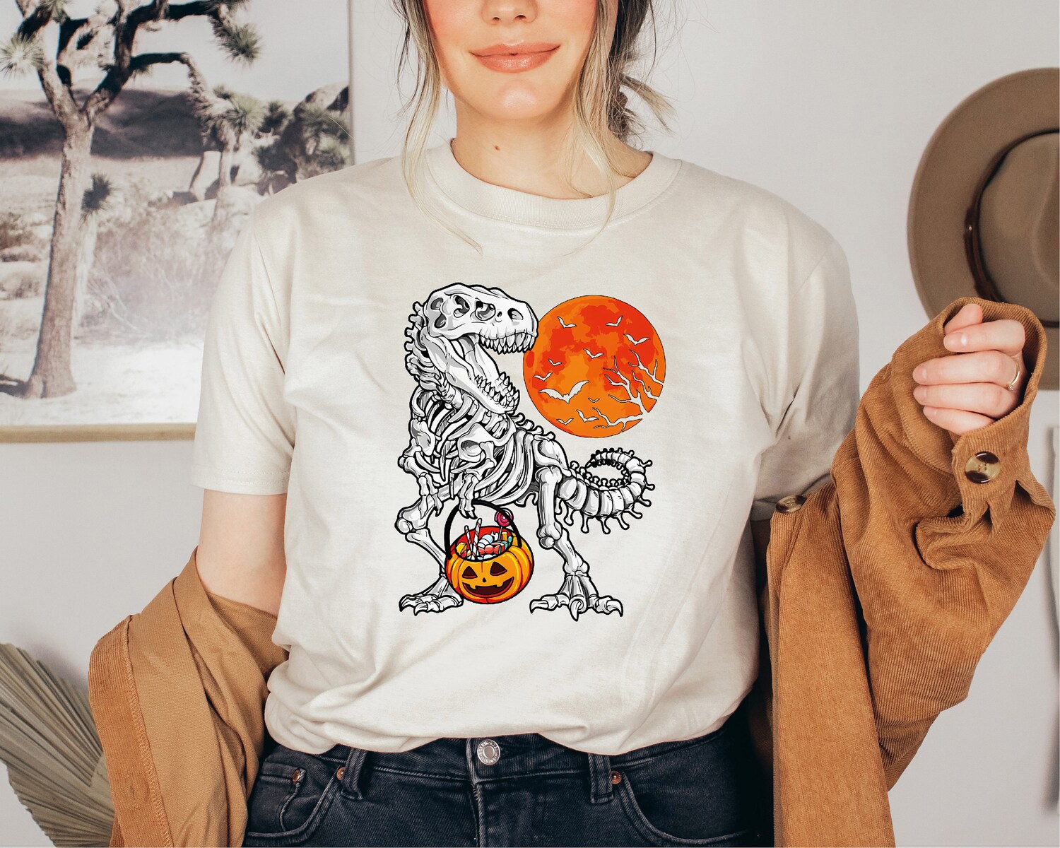 Halloween Trick Or Treat Dinosaur Shirt | Funny T-Rex Pumpkin Tee | Spooky Season Costume Gift image 2