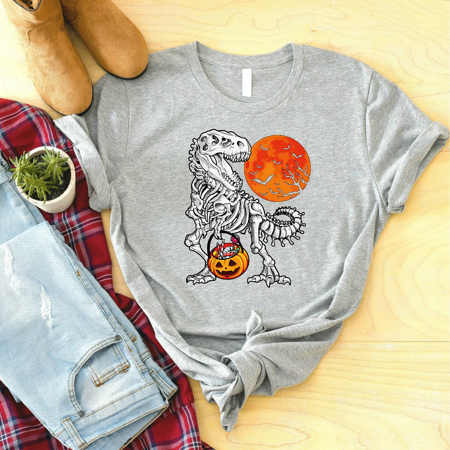 Halloween Trick Or Treat Dinosaur Shirt | Funny T-Rex Pumpkin Tee | Spooky Season Costume Gift image 1