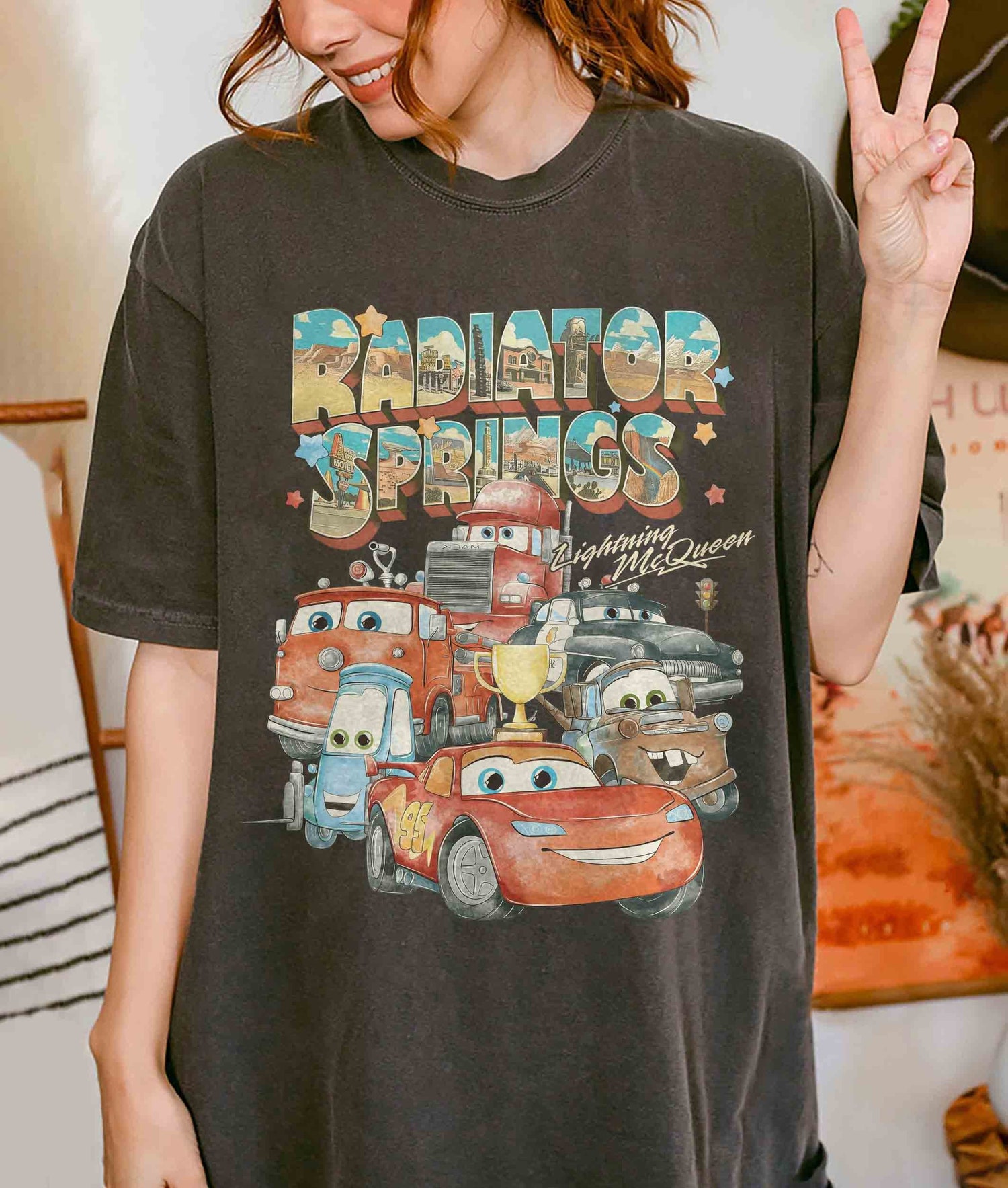 Retro Radiator Springs Cars Movie Shirt | Lightning McQueen Disney Family Trip Tee image 0