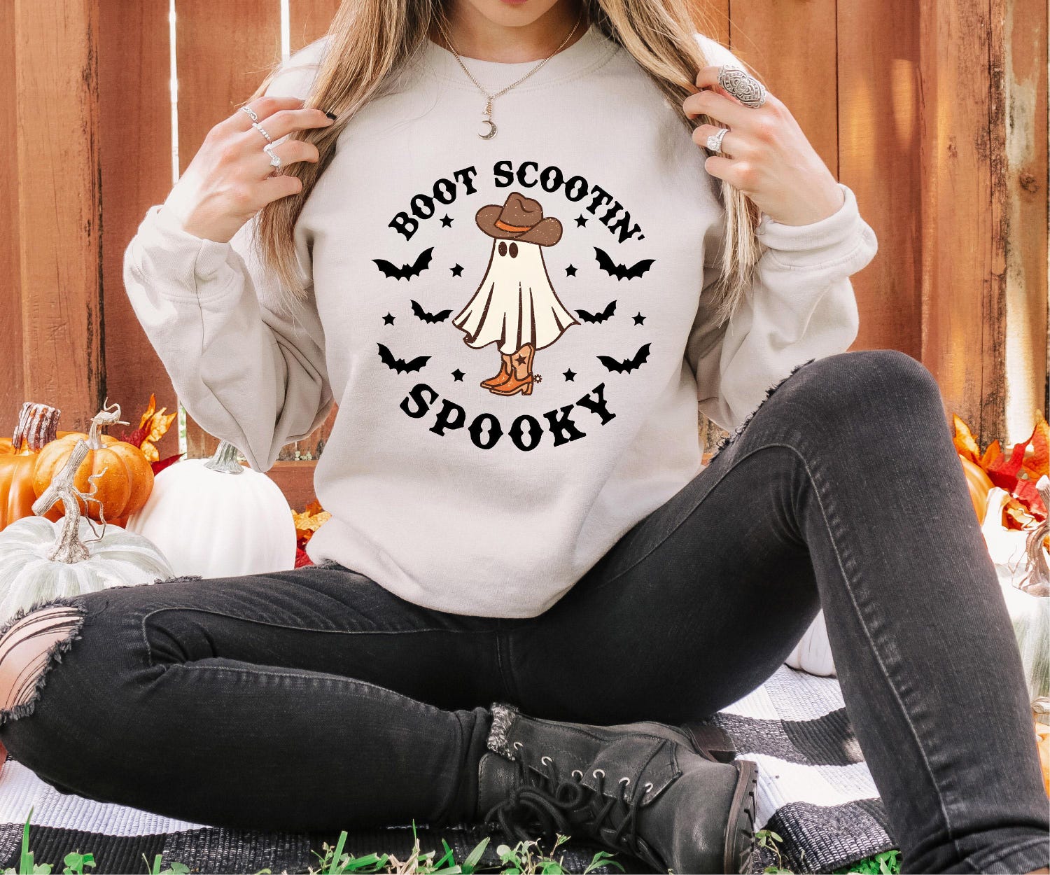 Boot Scootin Spooky Sweatshirt - Cowboy Ghost Western Halloween Shirt - Family Fall Tee image 0