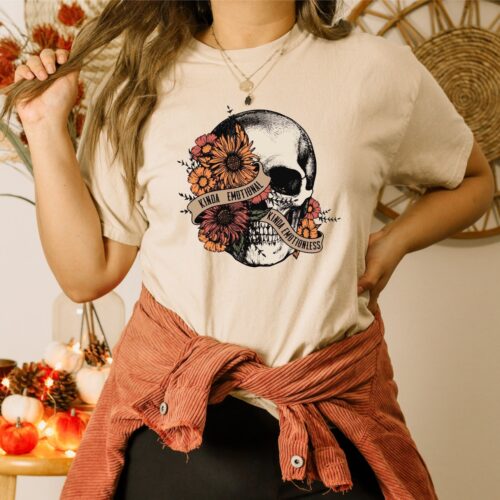 Kinda Emotional Kinda Emotionless Halloween Mental Health Awareness Floral Skull Fall Tee image 0