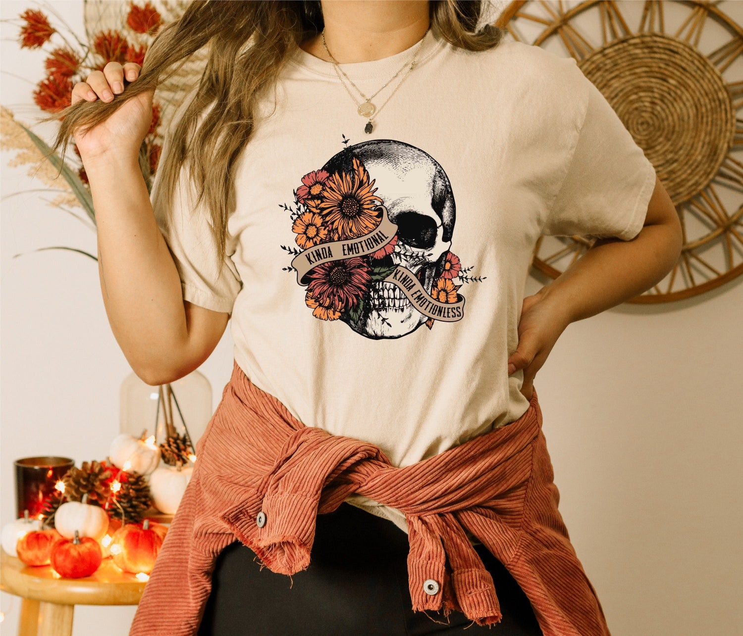 Kinda Emotional Kinda Emotionless Halloween Mental Health Awareness Floral Skull Fall Tee image 0