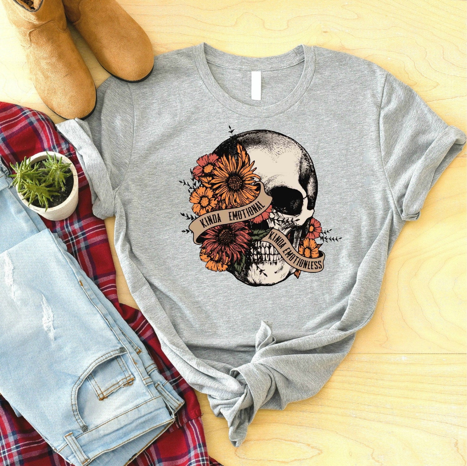 Kinda Emotional Kinda Emotionless Halloween Mental Health Awareness Floral Skull Fall Tee image 2