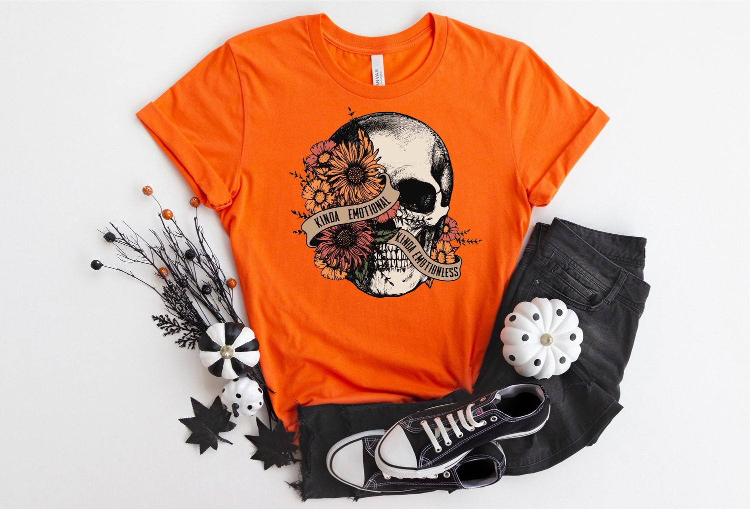 Kinda Emotional Kinda Emotionless Halloween Mental Health Awareness Floral Skull Fall Tee image 3