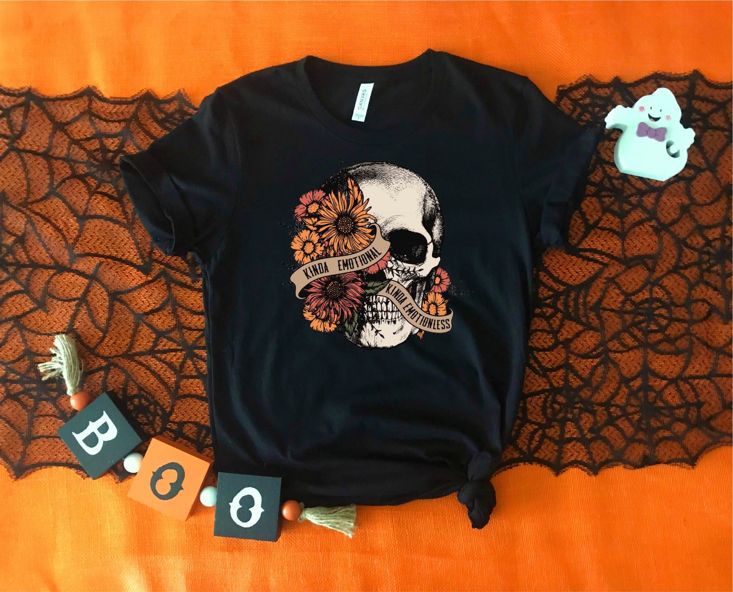 Kinda Emotional Kinda Emotionless Halloween Mental Health Awareness Floral Skull Fall Tee image 4