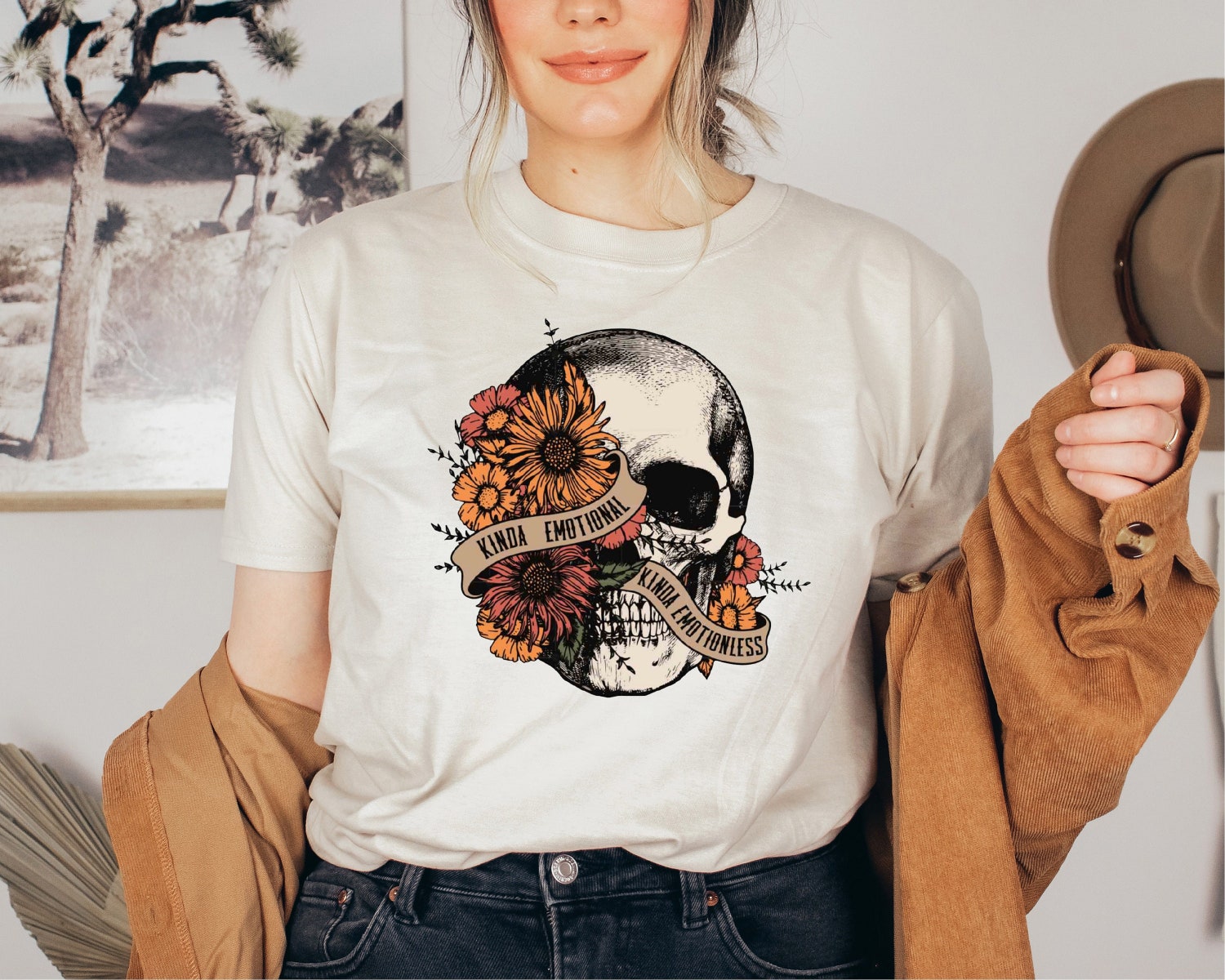 Kinda Emotional Kinda Emotionless Halloween Mental Health Awareness Floral Skull Fall Tee image 7