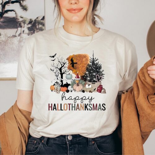 Happy Hallothanksmas Shirt - Funny Halloween Thanksgiving Christmas Tee - Family Holiday Gift image 0