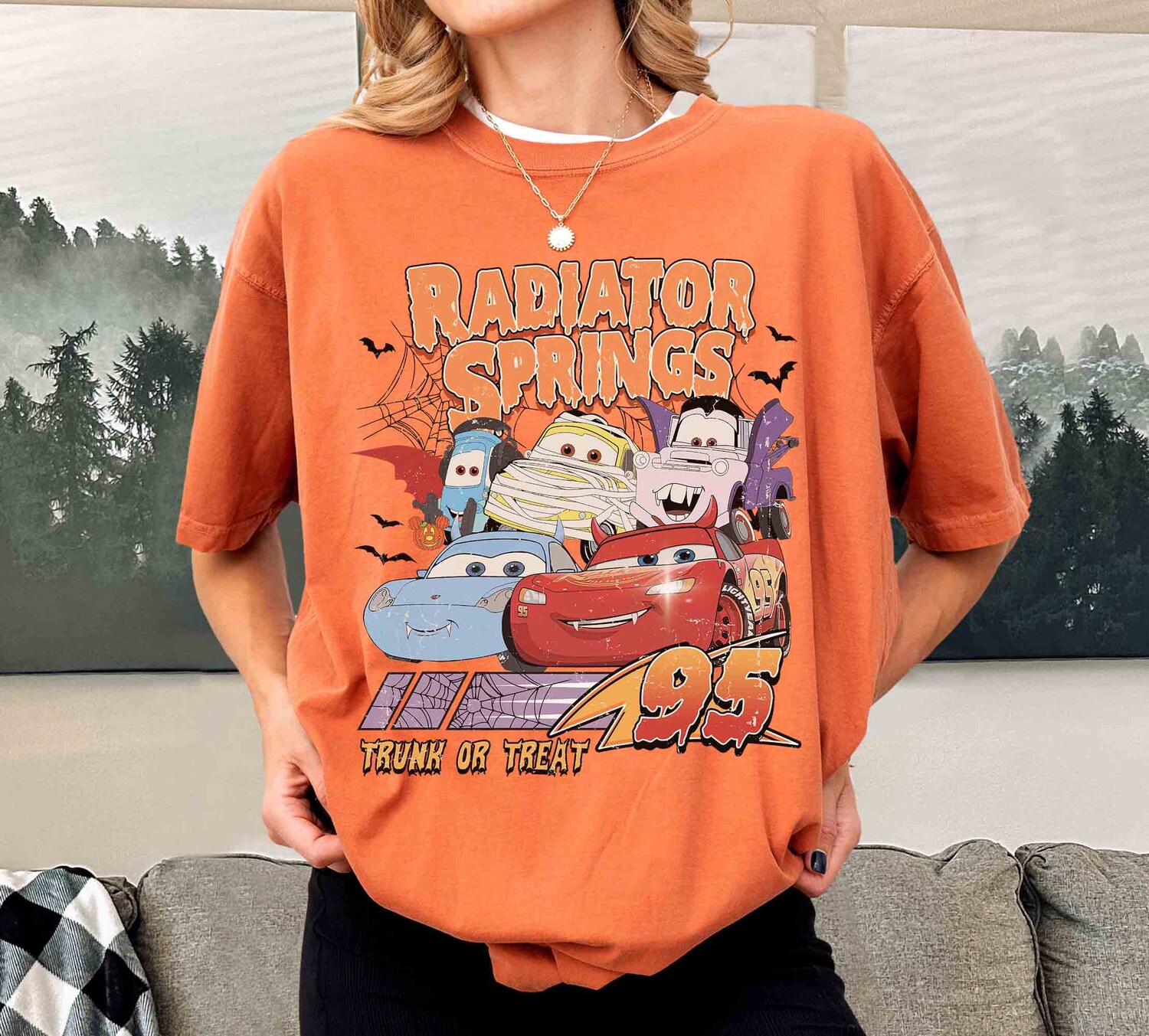 Retro Radiator Springs Cars Halloween Shirt Lightning McQueen Disney Halloween Tee Halloween Party Gift image 3