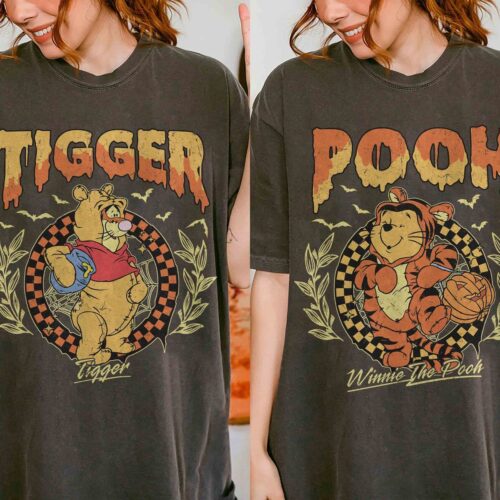 Retro Winnie The Pooh and Tigger Halloween Shirt Couple Halloween Shirt Mickey Not So Scary Party image 0