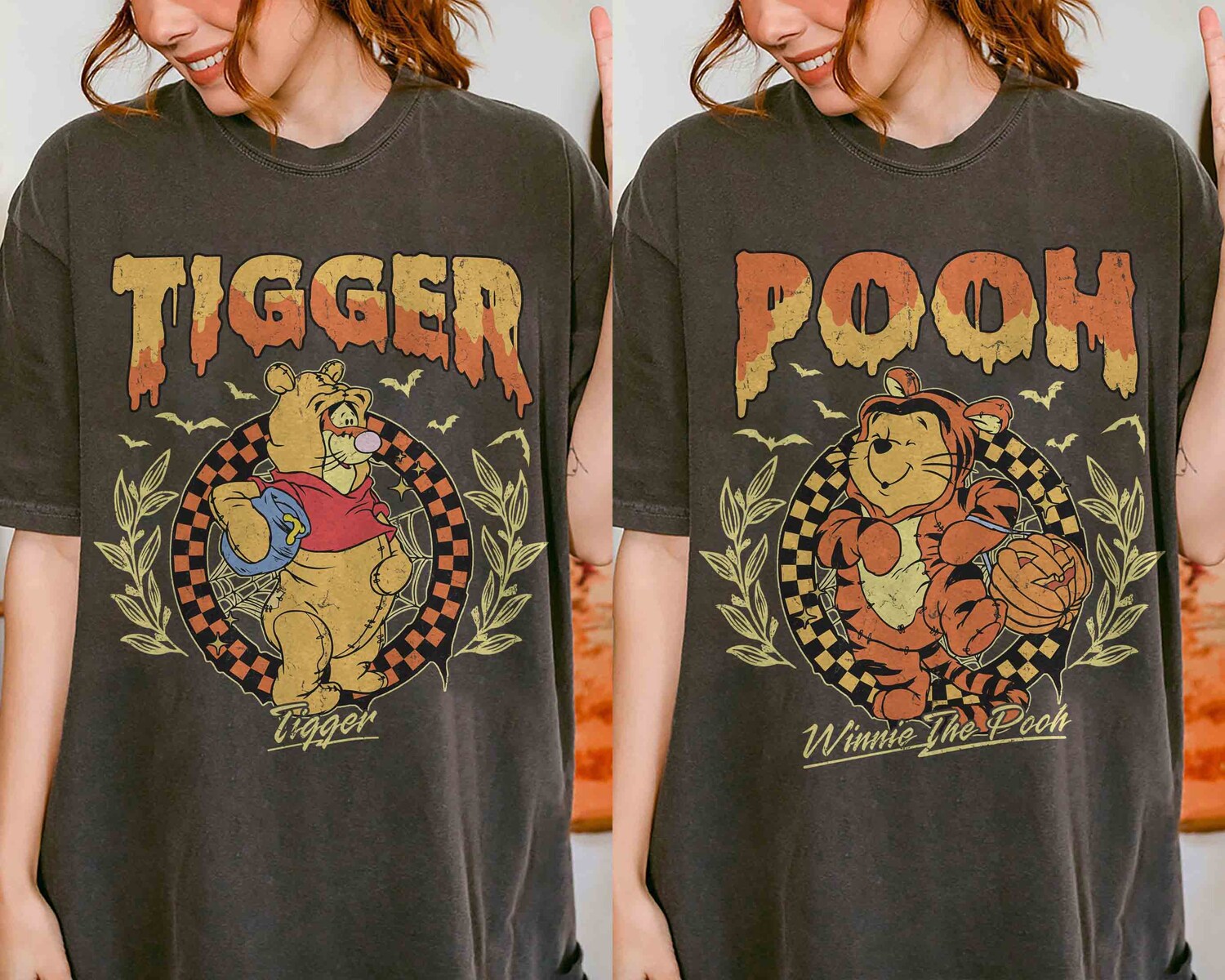 Retro Winnie The Pooh and Tigger Halloween Shirt Couple Halloween Shirt Mickey Not So Scary Party image 0